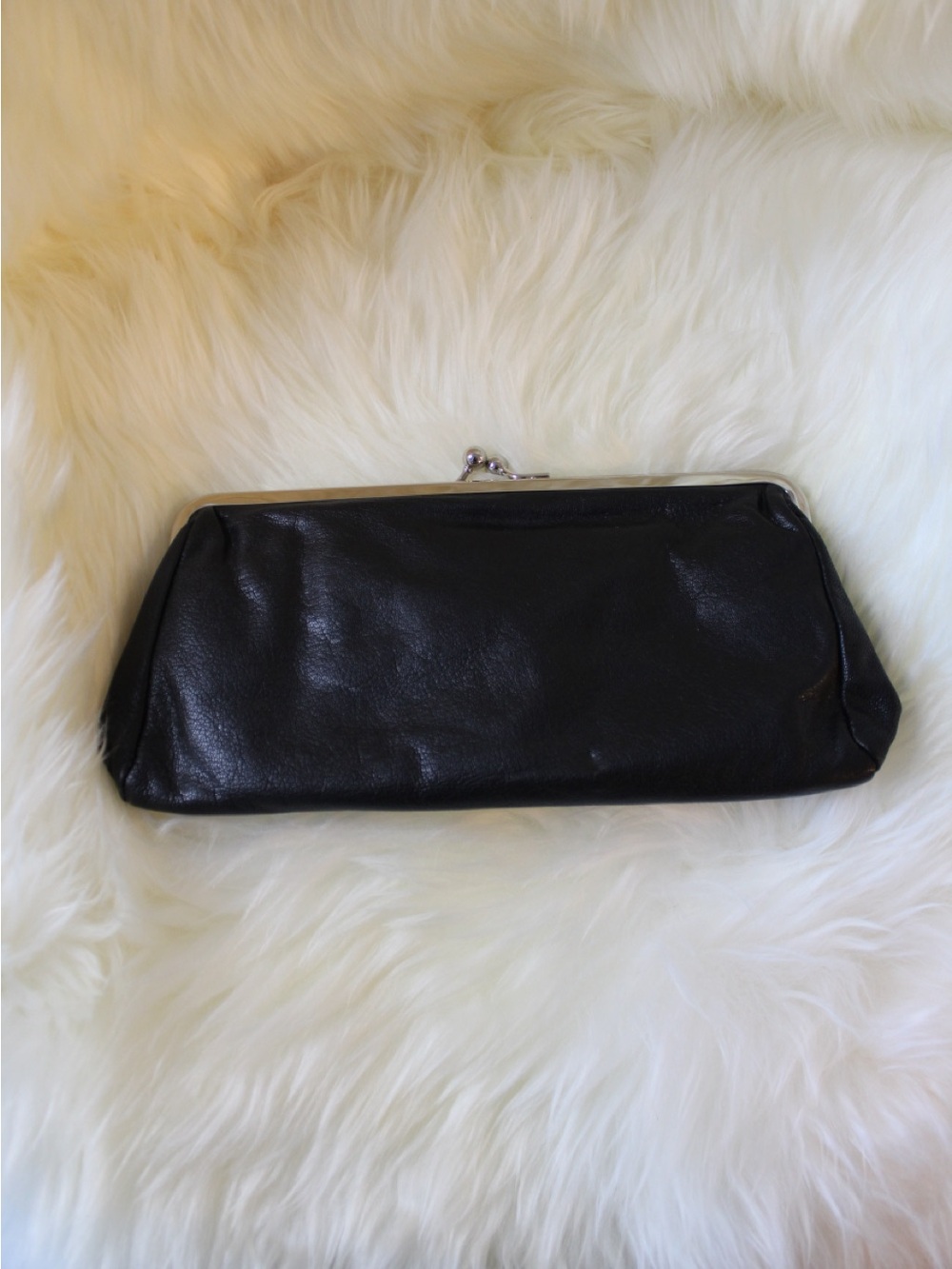 Classic Black Leather Kiss-Lock Clutch W/ Card Slots and ID Slot